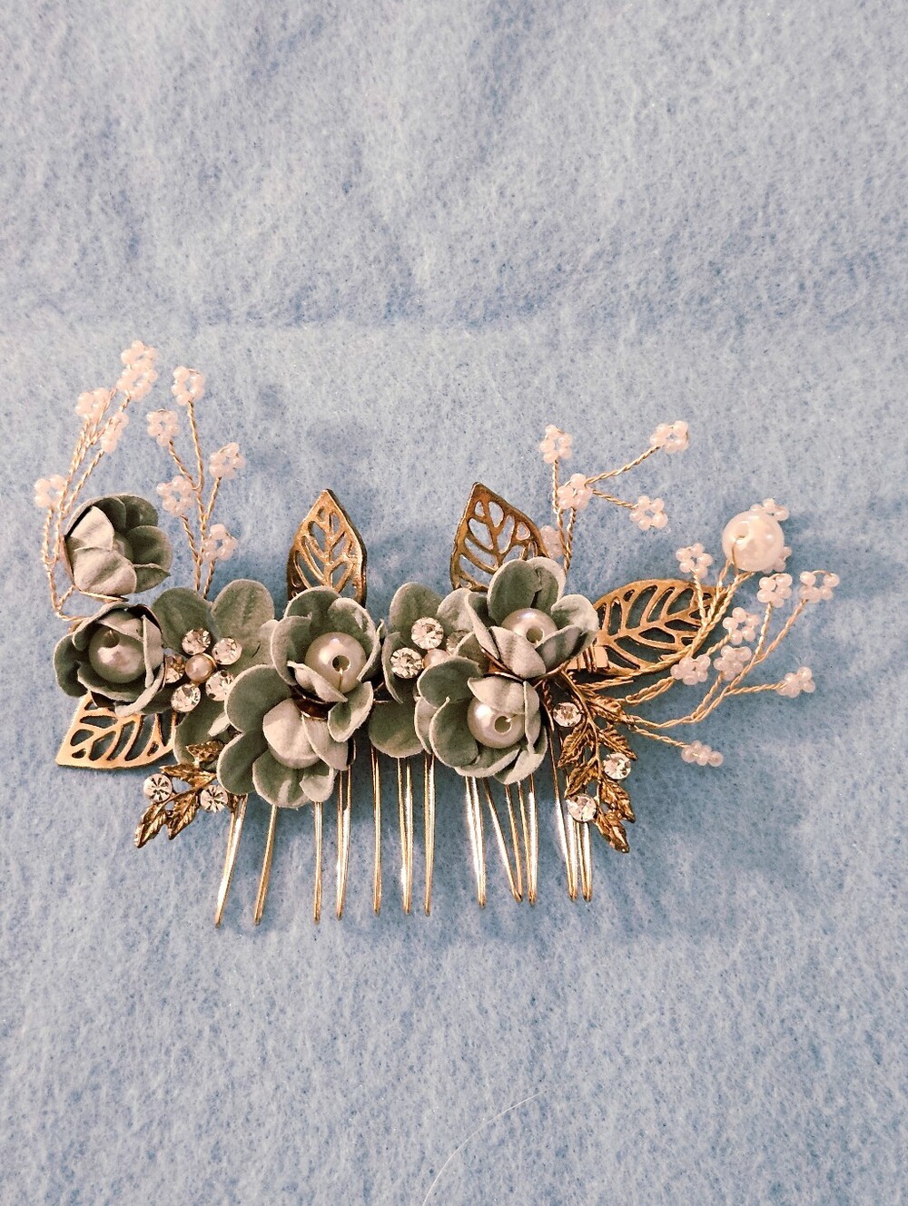 Handmade Boho Sage & Gold Floral Hair Comb with Pearls & Rhinestones